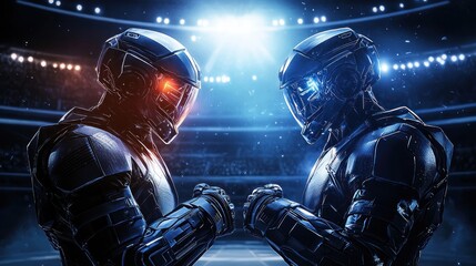 Fototapeta premium Epic showdown between futuristic robots in a high-tech arena setting showcasing advanced technology and intense competition
