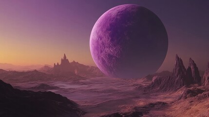 A surreal alien landscape featuring a massive purple planet and rugged terrain at sunset.
