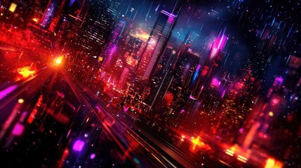 Naklejka premium Vibrant neon cityscape a stunning exploration of urban lights reflecting in a modern metropolis at night