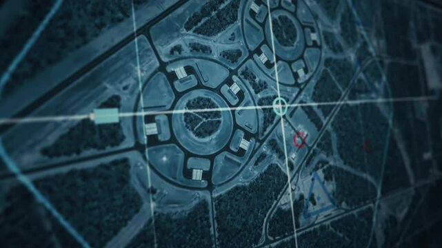 Futuristic Satellite Network Tracking Target To Military Base. Satellite Radar Interface For Target Tracking Discovered Enemy Position. Satellite Target Tracking Innovation. Animation. Detection