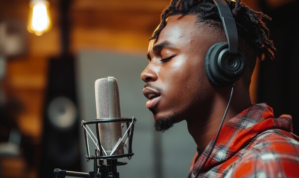 African American Rapper singing confidently in front of a microphone at Recording studio, Generative AI