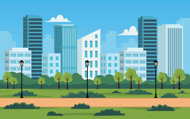 City park with downtown skyscrapers. Park landscape scene. Vector stock