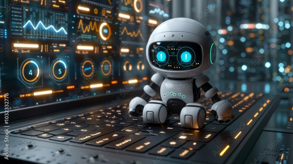 Poster a small, white robot sits on a laptop keyboard, looking at the screen with data and graphs displayed
