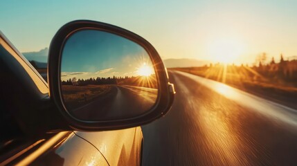 Fototapeta premium A car's side mirror reflects a scenic sunset over a winding road.