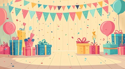 Obraz premium Colorful party scene with balloons, presents, and festive decorations for celebrations.