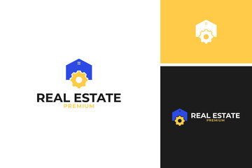 House and gear icon for service logo design vector template illustration idea