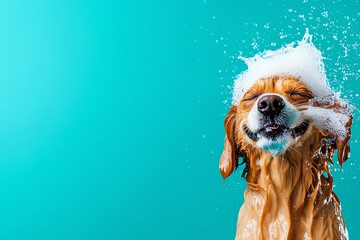 Happy dog with soap bubbles on its head, against a bright blue background.