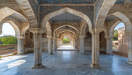 Fototapeta premium A serene architectural space featuring intricate arches and a marble floor, likely part of a historical site.