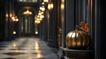 Haunted Mansion Elegance Golden Pumpkins Adorn Velvet Hallways with Gothic Charm - Spooky Atmosphere for Halloween and Autumn Decor