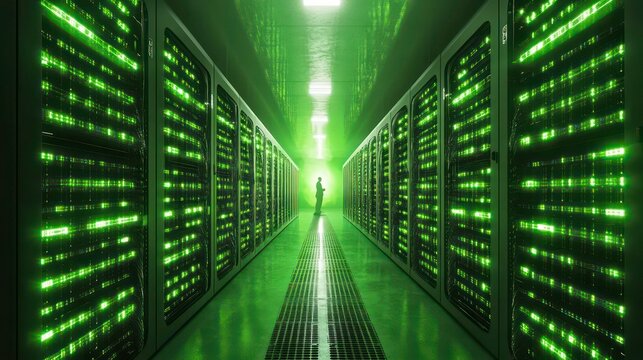 A lone technician walks down an aisle of glowing green server racks in a data center.