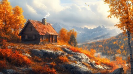 A cozy cabin nestled in the mountains with a scenic view of fall foliage, a smoke plume rising from the chimney, a distant mountain range with snow-capped peaks, and a touch of mist in the air.