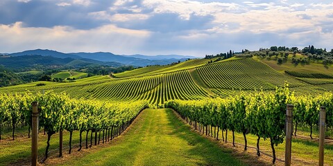 Fototapeta premium Lush green vineyard with rows of grapevines stretching towards the horizon under a cloudy sky.