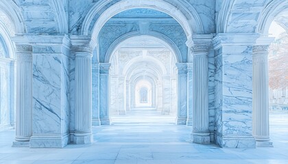 Fototapeta premium A serene corridor of marble arches, bathed in soft blue light, creating a tranquil and elegant atmosphere.