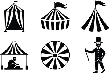 Set of Circus Tent with flag and artist black silhouette vector art in white background