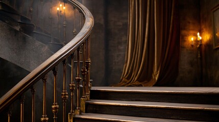 Haunted Stairwell with Gold Banisters and Velvet Drapes - Eerie Candlelight Illuminates a Spooky Ambiance Perfect for Halloween Themes