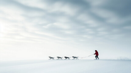 Adventurer guiding sled dogs through a snowy landscape