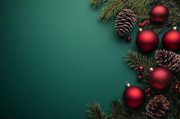 Naklejka premium pine cones and red Christmas balls lie flat with branches of pine trees separated green 