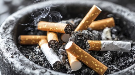 Smoking Consequences: A Close-Up of Cigarette Butts and Ashes in an Ashtray