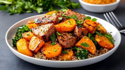 Fototapeta premium Delicious and Nutritious Roasted Root Vegetable and Quinoa Vegetarian Dish Served in a Rustic Wooden Bowl Showcasing a Healthy Plant Based Meal Concept