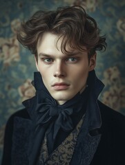 Portrait of Serious Young Man with Old-Fashioned Clothing and Wavy Hair