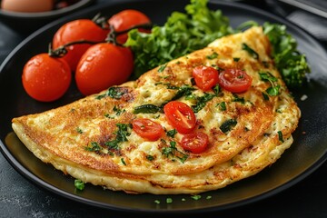 Fresh homemade omelette with mushrooms, feta cheese and herbs. A healthy protein breakfast with mushrooms and spinach