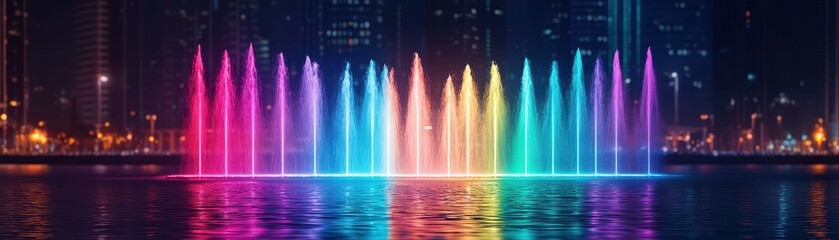 A vibrant display of illuminated water fountains, enhancing an urban landscape with colorful lights at night.