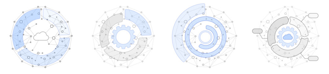 Set of connected web black dots KPI analytics and insights illustrations, integration cloud data concept, background with geometric vectors for business and technology, API cloud global data settings