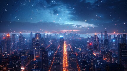 Fototapeta premium A stunning night sky with a cityscape in the foreground. The city is lit up with lights, and there are many stars in the sky.