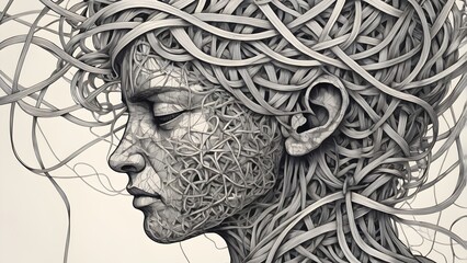 Fototapeta premium Abstract Head Filled with Tangled Lines, Representing Anxious Thoughts and Mental Entanglement