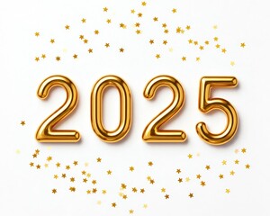 Die goldene Jahreszahl 2025 steht auf einem weißen Hintergrund, umgeben von verstreuten kleinen goldenen Sternen, was eine schlichte, aber festliche Atmosphäre schafft. Generative KI.
