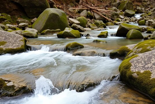 _ - A mountain stream with clear, rushing water and rocks covere