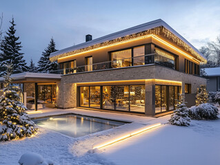 Modern Home with Christmas Lights and Pool in Snow
