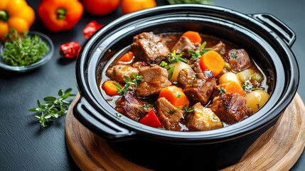 Appetizing chicken and vegetable stew simmering in a slow cooker ready to be served as a warm comforting and hearty meal for the winter season