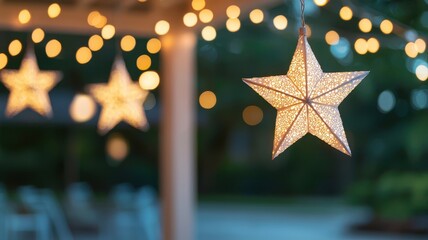 A beautifully lit star ornament hangs against a backdrop of bokeh lights, creating a warm and inviting atmosphere.