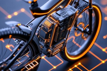 Bicycle with digital components, surrounded by glowing lines and grids