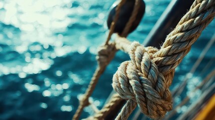 Fototapeta premium Close-up of a sailor's knot on the ship s rigging, with sunlight dancing on the ocean s surface, sailing detail, sense of calm and maritime adventure