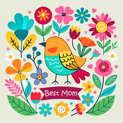 Best mom, thank you mom stock illustration birds and flowers decor design 