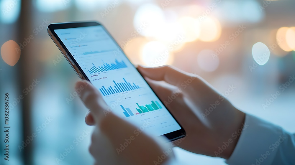 Aufkleber Close-up of hands holding a tablet displaying a graph.