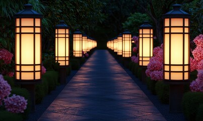 Fototapeta premium A serene pathway illuminated by glowing lanterns, bordered by vibrant flowers, creating a peaceful and enchanting atmosphere.