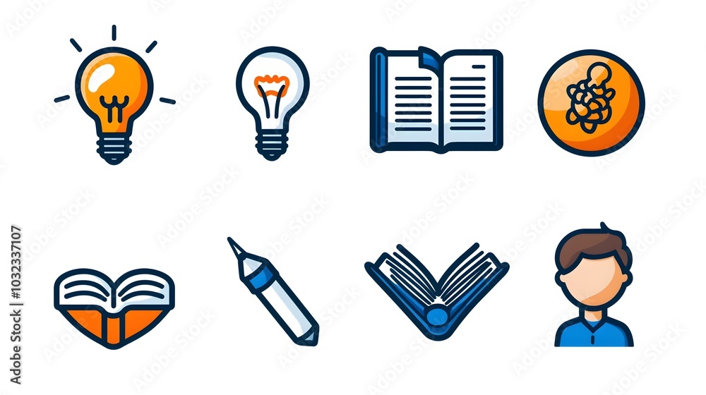Leinwandbilder Thin line icon set featuring knowledge symbols like book brain light bulb and globe with minimalist design representing creativity education and intelligence  Conceptual icons for learning research