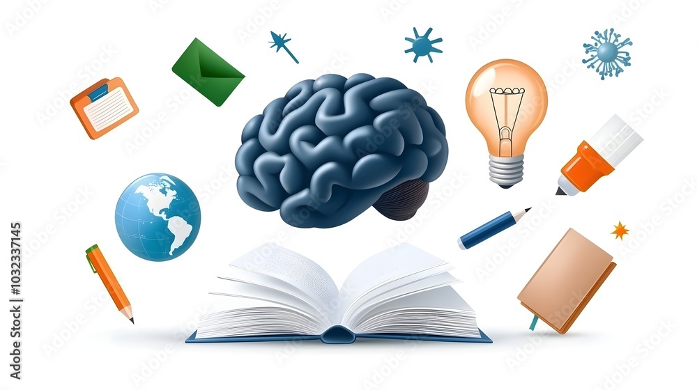 Poster Thin Line Icon Set with Knowledge Symbols like Book Brain Lightbulb and Globe in Minimalist Design Representing Creativity Education and Intelligence
