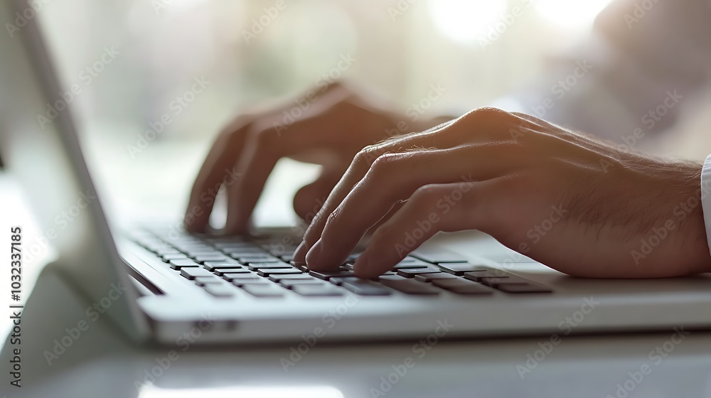 Poster close-up of hands typing on a laptop keyboard.