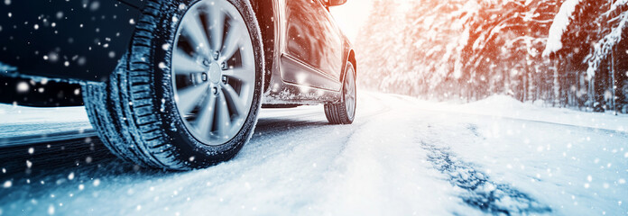 Car on a winter road with snow, close-up of car wheels in motion