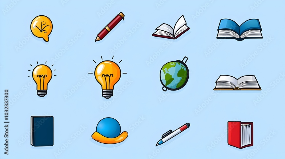 Poster Thin line icon set depicting various concepts related to knowledge creativity and intellectual themes including a light bulb for globe for global learning and a book for education and research