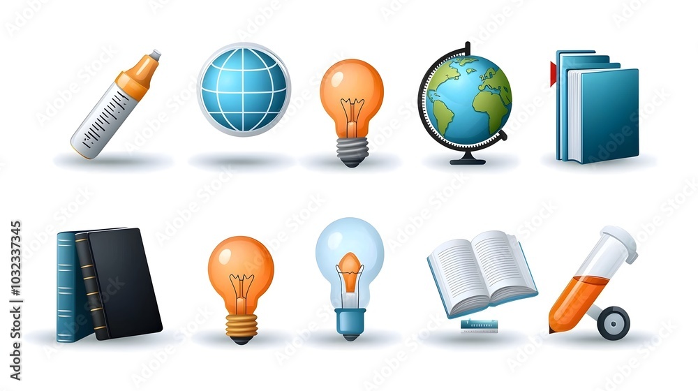 Poster Thin Line Icon Set Representing Knowledge Creativity and Intellectual Themes Including Light Bulb Globe Book and Imagination Symbols