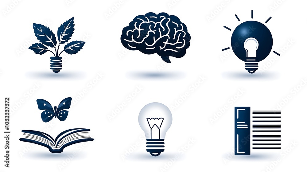 Poster Minimalist set of icons and symbols representing the concepts of knowledge learning education and creativity  Featuring a brain light bulb book and owl in a clean thin line design style
