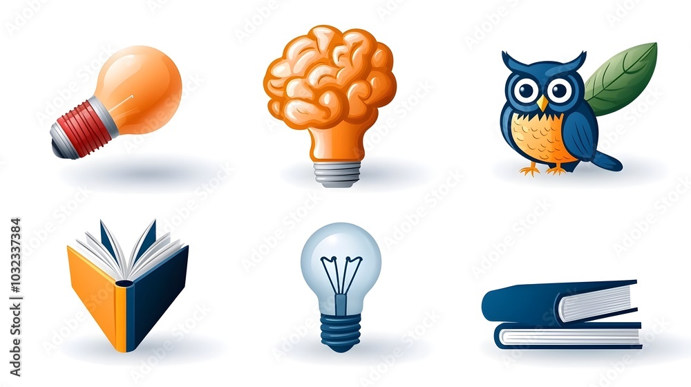 Poster Set of minimal icons and symbols representing the concepts of knowledge learning and education  Featuring a brain light bulb book and owl in a simple thin line design style