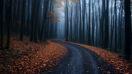 Fototapeta premium Serene winding forest path in autumn mist