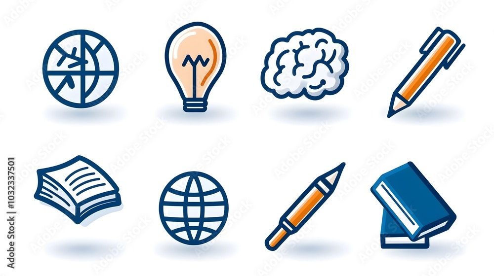 Aufkleber featuring a minimalist design with thin line style symbols representing knowledge creativity and intellectual elements such as an idea globe brain and owl