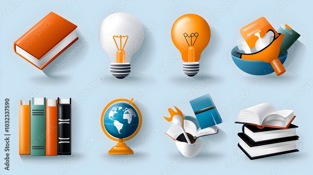 Aufkleber Thin line icon set representing knowledge and cleverness featuring books globe light bulb and imagination with clean modern lines for intellectual concepts